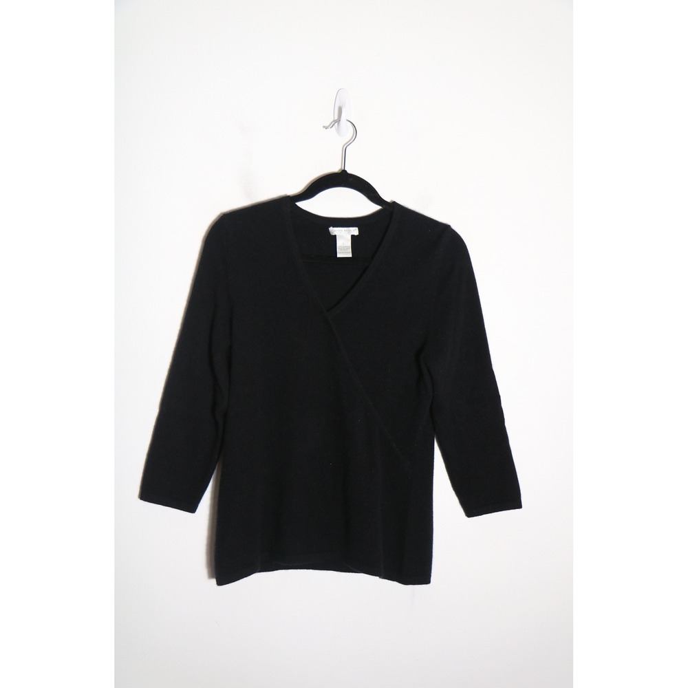 Vintage Y2K Daniel Bishop 100% Cashmere Faux Wrap Sweater Large Black Minimalist